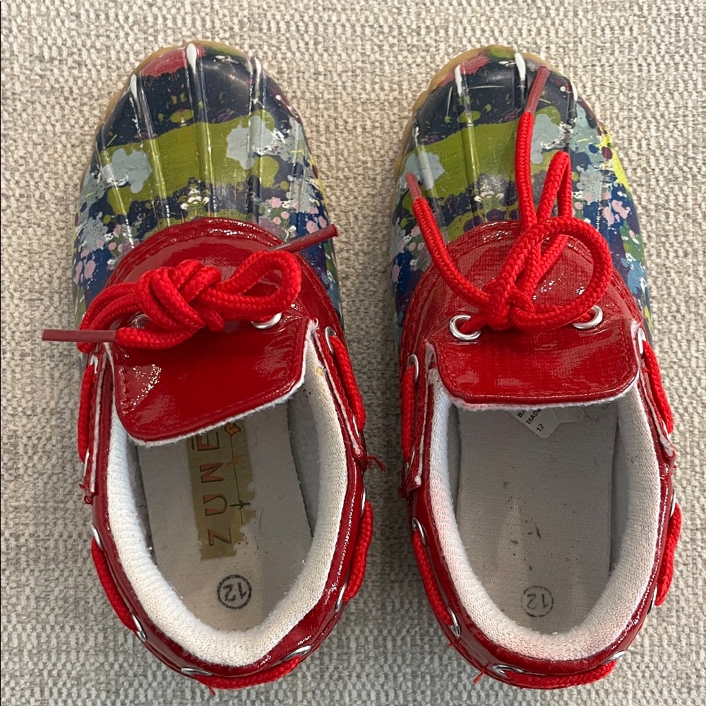 Kids Red Duck Boots with Multicolor Splash Toe